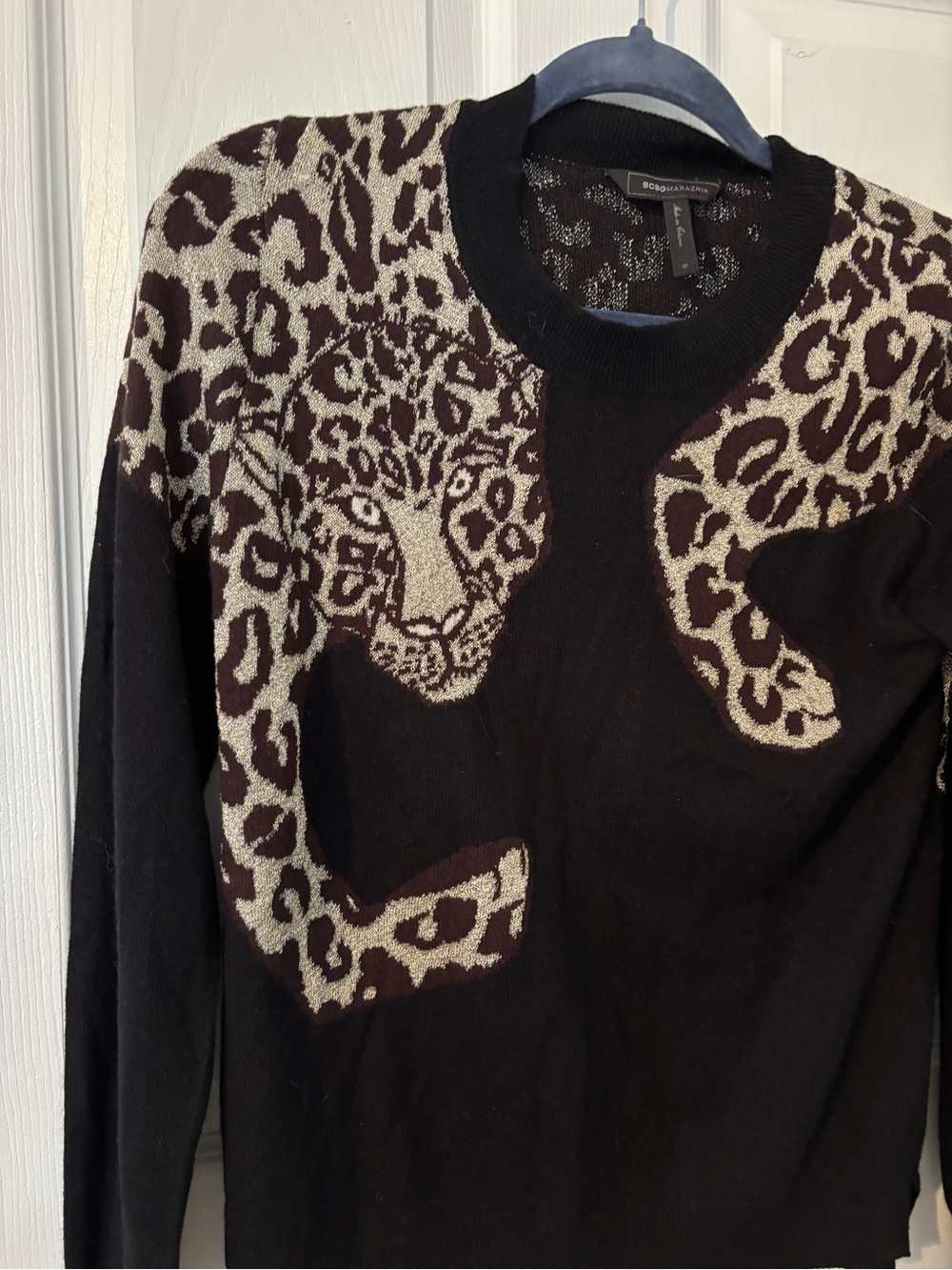 BCBGMaxAzria Black Sweater with Cream Leopard Motif
